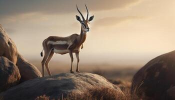 One animal standing in the sunset on the African savannah generated by AI photo