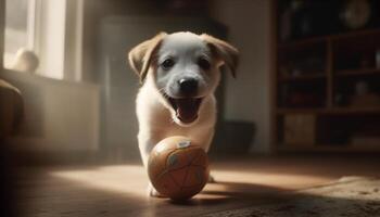 Cute puppy playing with a ball indoors, having fun and looking playful generated by AI photo