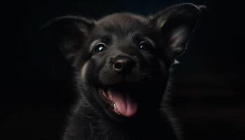 linda cachorro, pequeño y esponjoso, sesión, mirando a cámara generado por ai foto