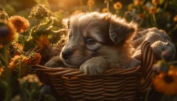 Cute puppy sitting in grass, enjoying the summer sunlight generated by AI photo