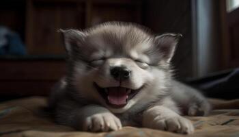 Cute puppy sleeping, fluffy and small, indoors, peaceful and adorable generated by AI photo