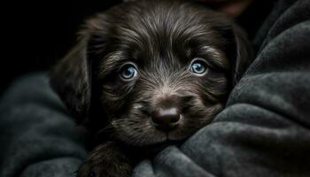 Cute puppy sitting, looking at camera, fluffy fur, purebred dog generated by AI photo
