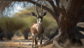 Impala gazelle standing in the African savannah, alert in wilderness generated by AI photo