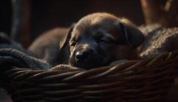 linda perrito dormido en un cesta, inocencia y blandura capturado generado por ai foto