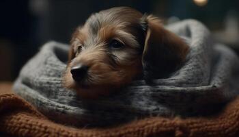 linda cachorro, pequeño y esponjoso, mirando a cámara con afecto generado por ai foto