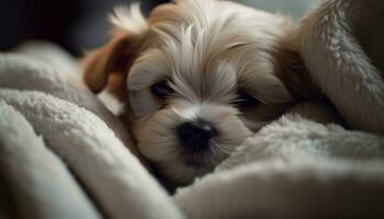 linda cachorro, pequeño y esponjoso, mirando a cámara, juguetón y encantador generado por ai foto