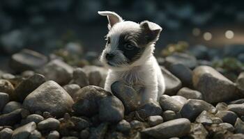 linda pequeño perrito sentado al aire libre, mirando a cámara con curiosidad generado por ai foto