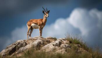 One horned impala standing on grassy mountain, looking at camera generated by AI photo