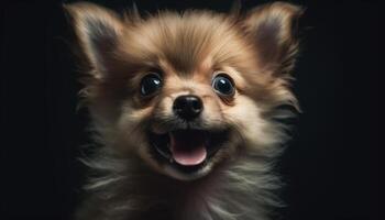 Cute puppy, small and fluffy, sitting, looking at camera generated by AI photo