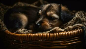 Cute puppy playing in a wicker basket, surrounded by nature generated by AI photo