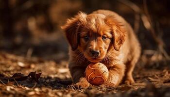 Cute puppy playing with a ball in the autumn forest generated by AI photo