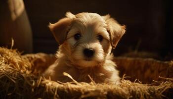 Cute puppy sitting outdoors, looking at camera with innocence generated by AI photo