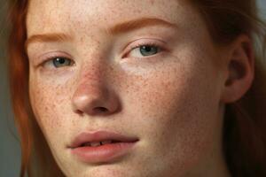 a close up of a woman with freckles AI generated photo