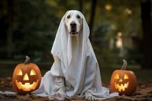 Halloween theme. dog in ghost costume with pumpkins on dark background AI Generated photo