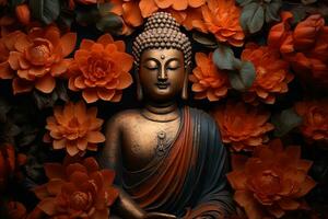 Buddha statue surrounded by orange flowers on a black background AI Generated photo