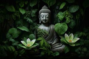 Buddha statue with lotus flower and green leaves background AI Generated photo