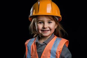 retrato de un sonriente pequeño niña en un construcción casco ai generado foto