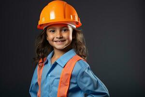 Portrait of a smiling little girl in a construction helmet AI Generated photo