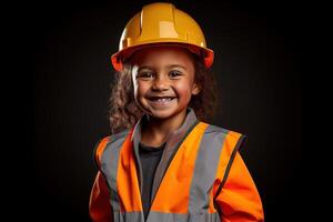 retrato de un sonriente pequeño niña en un construcción casco ai generado foto