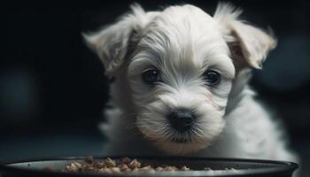 Cute puppy sitting, looking at camera, fluffy and playful generated by AI photo