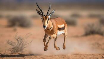 One animal in the wilderness, a springbok, running on the savannah generated by AI photo