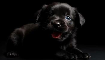 Cute puppy sitting, looking at camera, black background, fluffy fur generated by AI photo