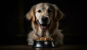 Cute puppy eating from bowl, purebred retriever, adorable and hungry generated by AI photo