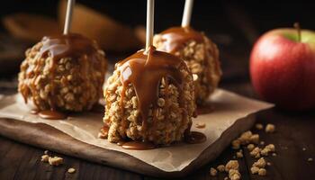 Homemade gourmet dessert chocolate caramel fudge on a walnut plate generated by AI photo