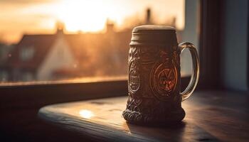 Wooden table, sunset backdrop, beer mug, old fashioned pub, fresh coffee generated by AI photo