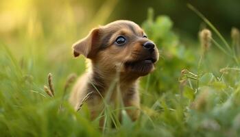Cute puppy playing in the grass, enjoying the summer outdoors generated by AI photo