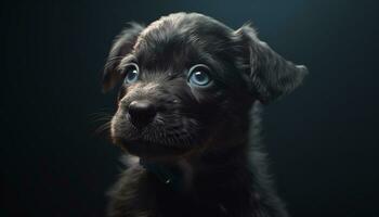 Cute puppy sitting, looking at camera, fluffy fur, blue eyes generated by AI photo
