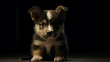 Cute puppy sitting, looking at camera, black background, playful nature generated by AI photo