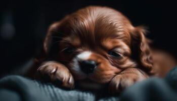 linda perrito durmiendo, mullido pelo, inocente ojos, de pura raza spaniel generado por ai foto