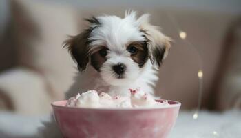 Cute puppy sitting, looking at camera, indoors, fluffy fur generated by AI photo