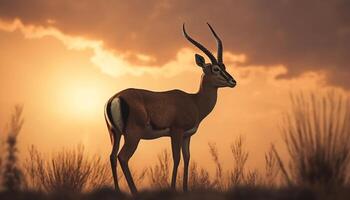 silueta de con cuernos mamífero en pie en puesta de sol en africano sabana generado por ai foto