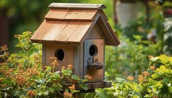 A cute birdhouse on a tree branch in a green forest generated by AI photo