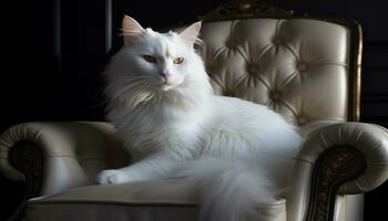 Cute kitten sitting on sofa, looking at camera, fluffy fur generated by AI photo