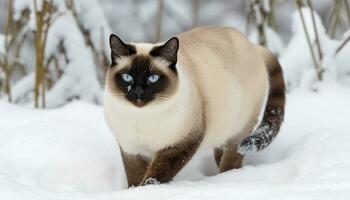 Cute kitten playing in the snow, nature beauty in winter generated by AI photo
