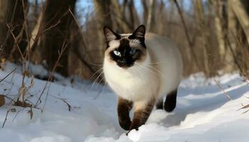 Cute kitten playing in the snow, surrounded by nature beauty generated by AI photo