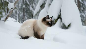 Cute kitten sitting in snow, looking at winter forest generated by AI photo