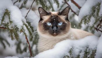 Cute kitten sitting on snowy branch, staring at camera playfully generated by AI photo