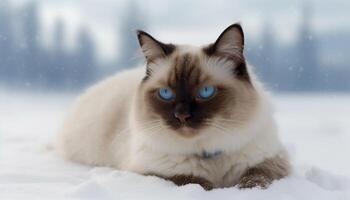 Cute kitten sitting in snow, staring at camera, fluffy fur generated by AI photo