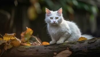 linda gatito sentado en un árbol, mirando a cámara curiosamente generado por ai foto