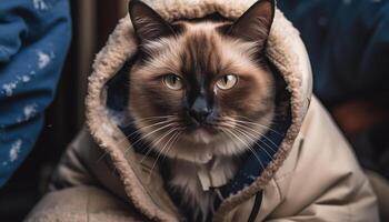 Cute domestic cat with fur, close up portrait, looking feline generated by AI photo