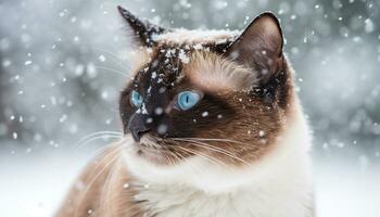 linda gatito jugando en el nieve, mullido pelo, azul ojos generado por ai foto