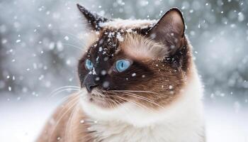 Cute kitten playing in the snow, fluffy fur, blue eyes generated by AI photo