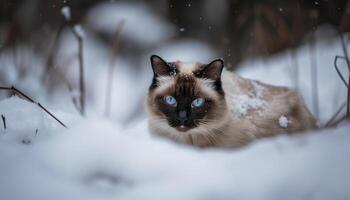 linda gatito sentado en nieve, curioso a cámara con curiosidad generado por ai foto