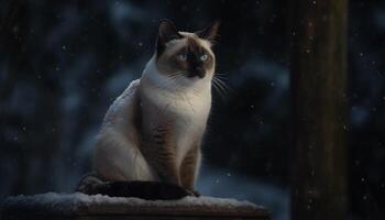 Cute kitten sitting in snow, staring at camera with curiosity generated by AI photo