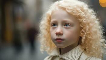 Cute blond child with curly hair, outdoors, looking at camera generated by AI photo