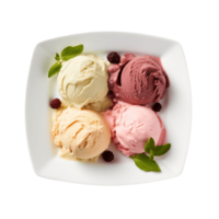 Four scoops of different flavour ice cream on a plate png